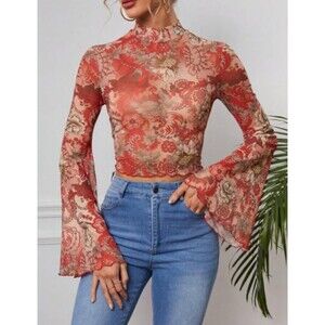 Floral Semi‎ Sheer Chiffon Crop Blouse Long Bell Sleeve Boho Y2K Festival Fall